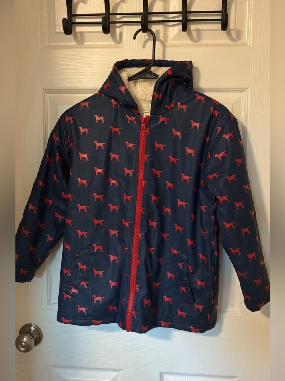 Hatley Navy Hooded Puffer with Red Dog Print and Red Zipper